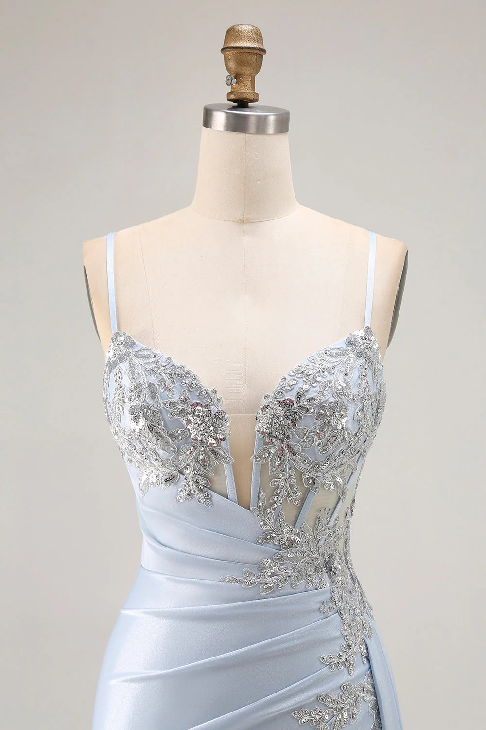 Light Blue Mermaid Appliqued Corset Long Prom Dress With Slit - Image 4
