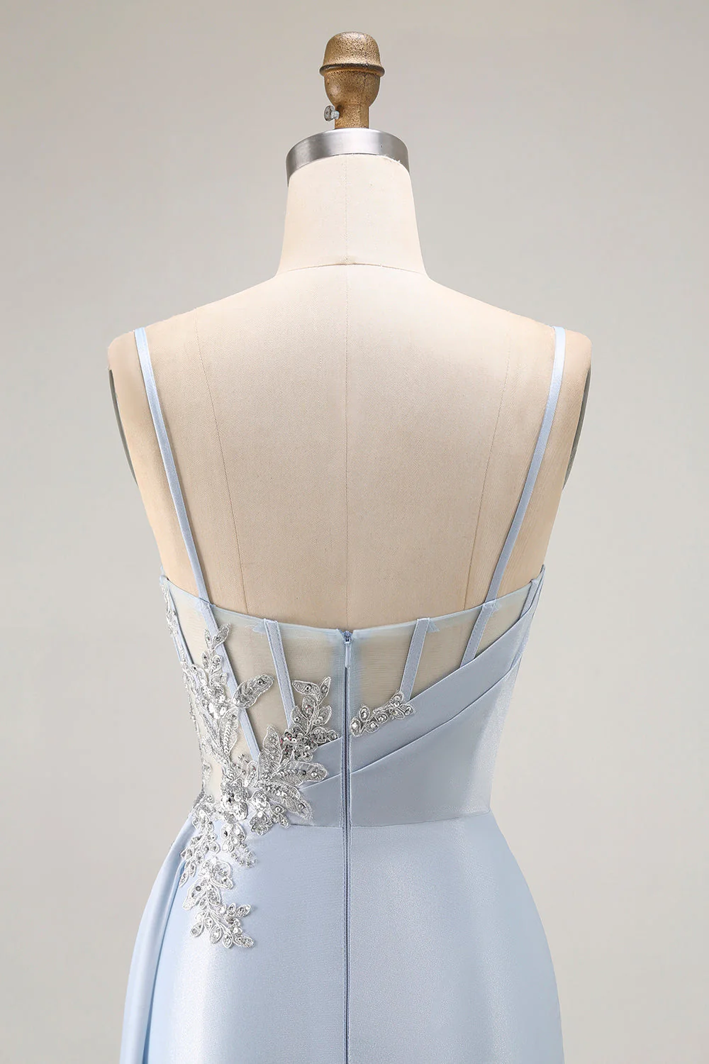 Light Blue Mermaid Appliqued Corset Long Prom Dress With Slit - Image 5