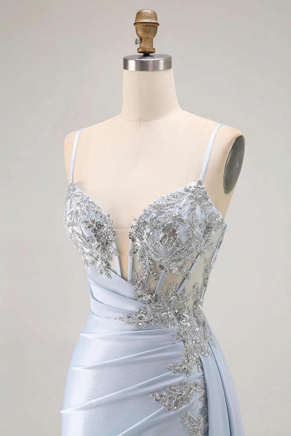Light Blue Mermaid Appliqued Corset Long Prom Dress With Slit - Image 6