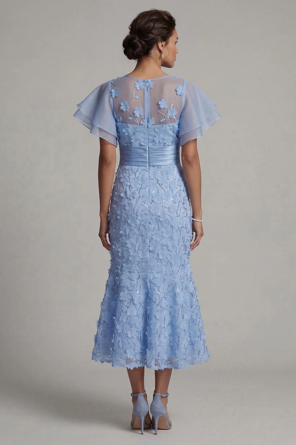 Light Blue Mermaid Appliqued Midi Mother of the Bride Dress with Ruffle Sleeves - Image 2