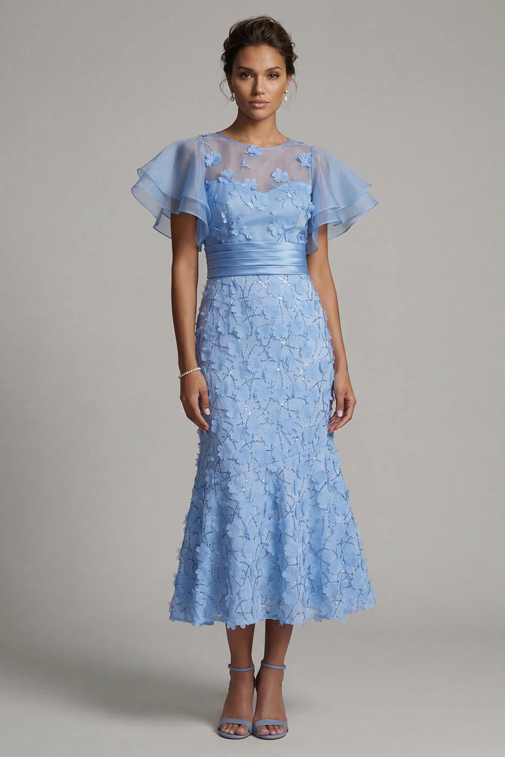 Light Blue Mermaid Appliqued Midi Mother of the Bride Dress with Ruffle Sleeves - Image 3