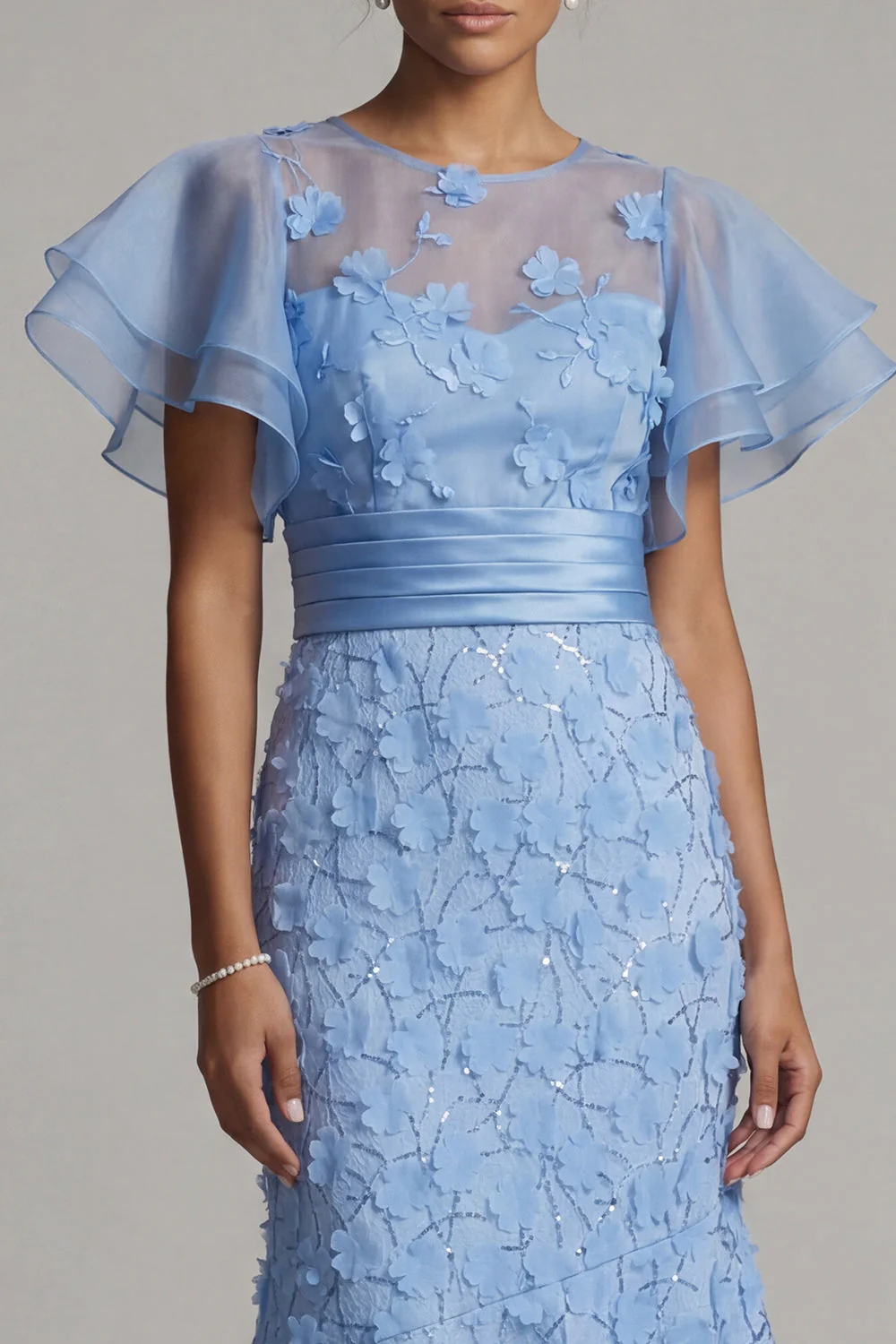 Light Blue Mermaid Appliqued Midi Mother of the Bride Dress with Ruffle Sleeves - Image 4