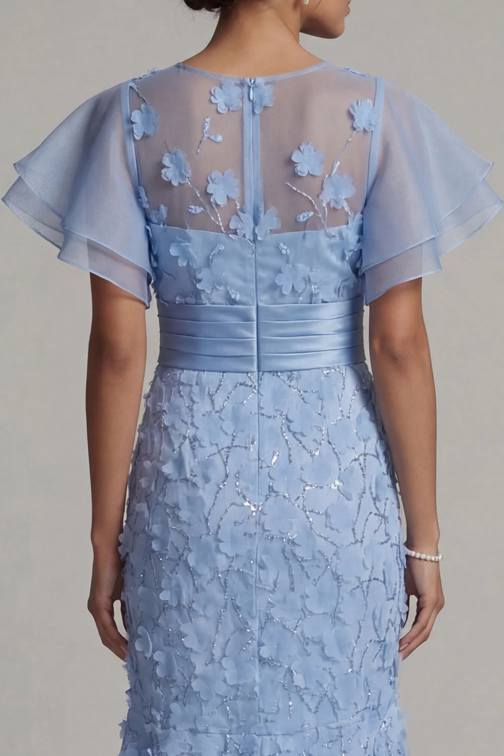 Light Blue Mermaid Appliqued Midi Mother of the Bride Dress with Ruffle Sleeves - Image 5