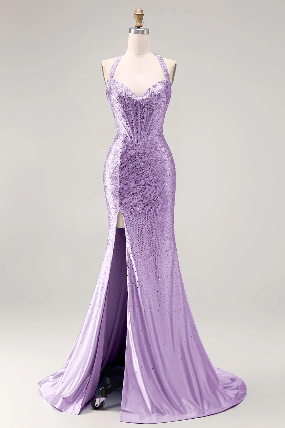 Light Blue Mermaid Halter Beaded Corset Long Prom Dress with Slit - Image 12
