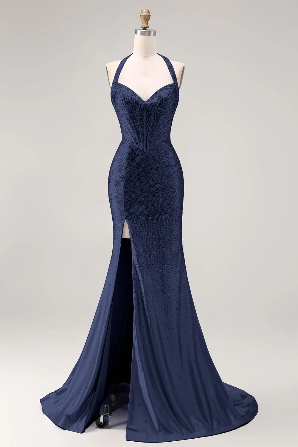 Light Blue Mermaid Halter Beaded Corset Long Prom Dress with Slit - Image 13