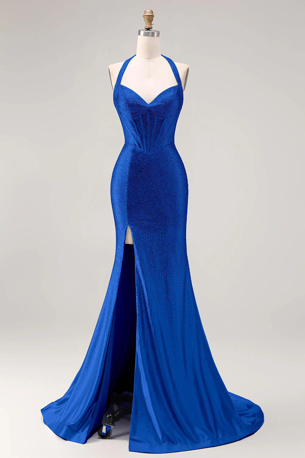Light Blue Mermaid Halter Beaded Corset Long Prom Dress with Slit - Image 14