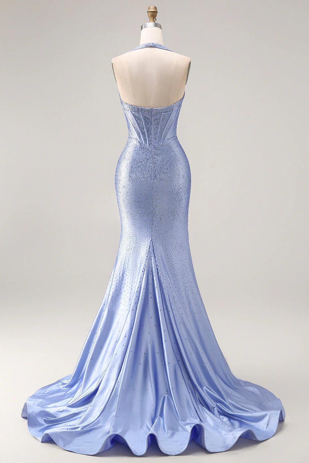 Light Blue Mermaid Halter Beaded Corset Long Prom Dress with Slit - Image 2