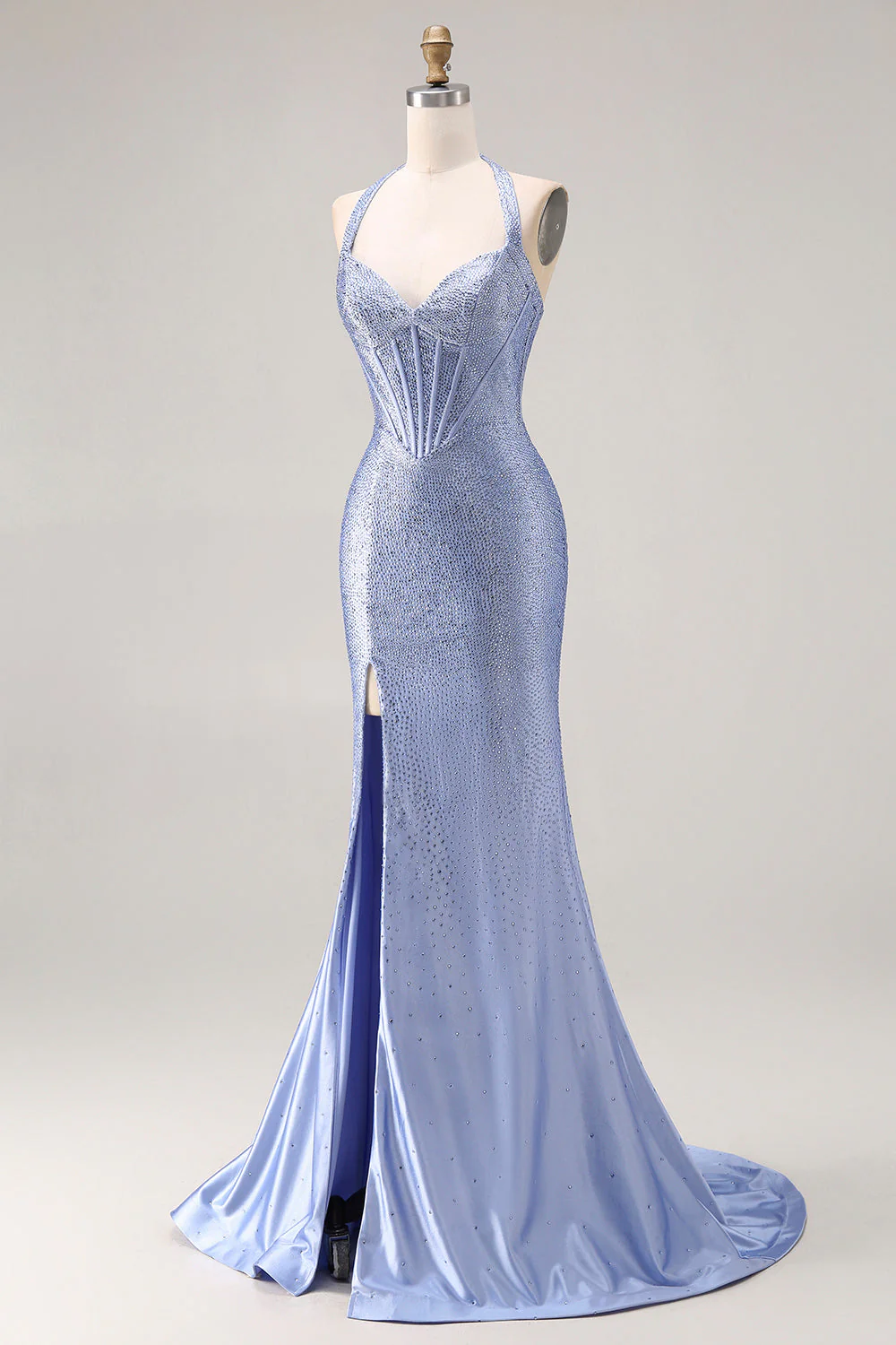 Light Blue Mermaid Halter Beaded Corset Long Prom Dress with Slit - Image 3