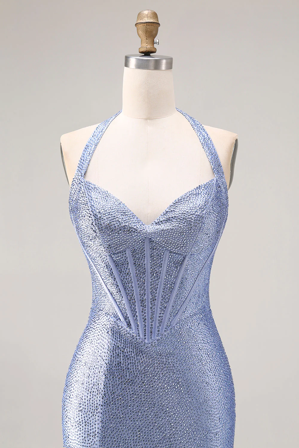 Light Blue Mermaid Halter Beaded Corset Long Prom Dress with Slit - Image 4