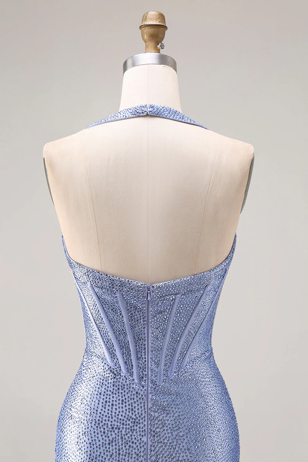 Light Blue Mermaid Halter Beaded Corset Long Prom Dress with Slit - Image 5