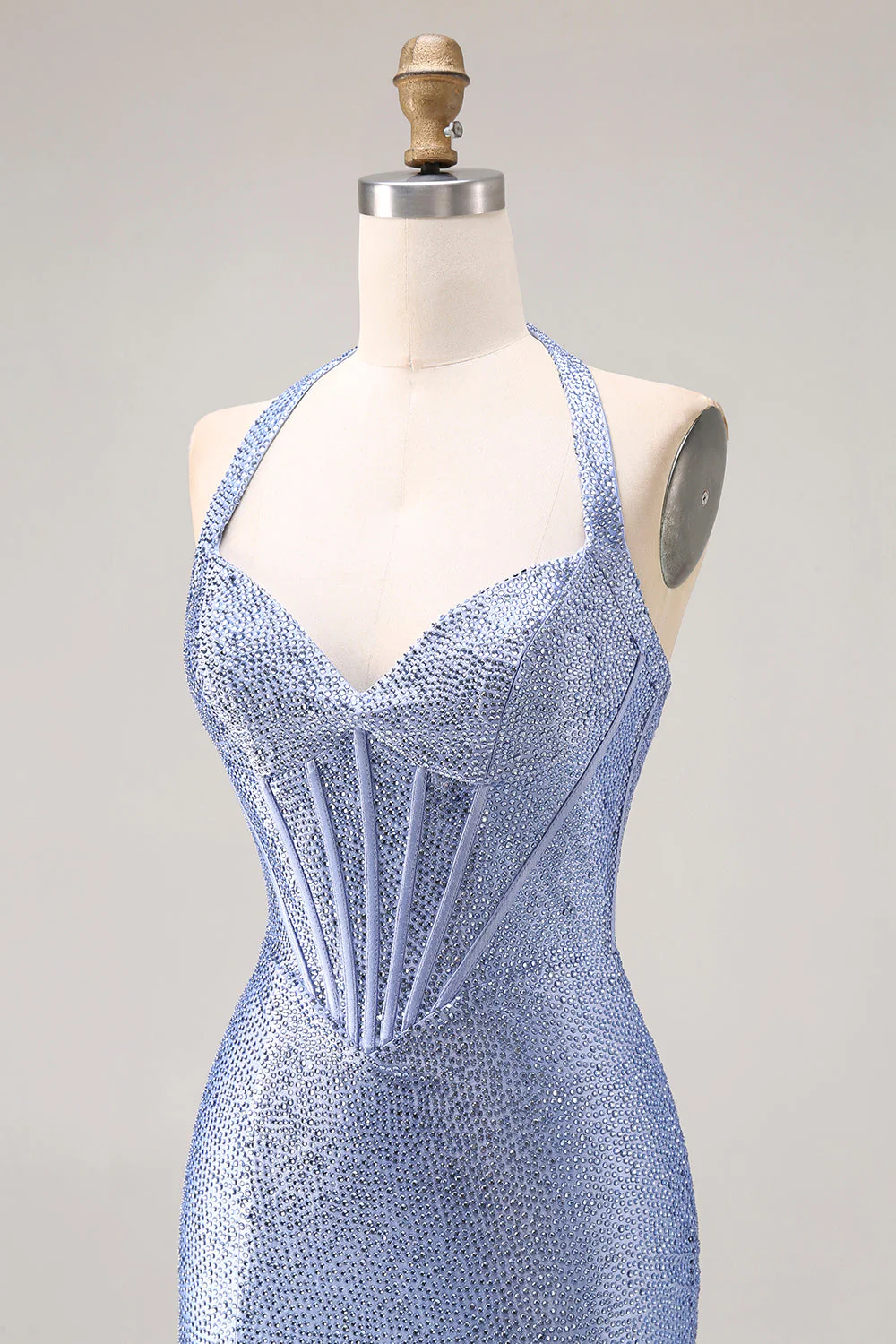 Light Blue Mermaid Halter Beaded Corset Long Prom Dress with Slit - Image 6