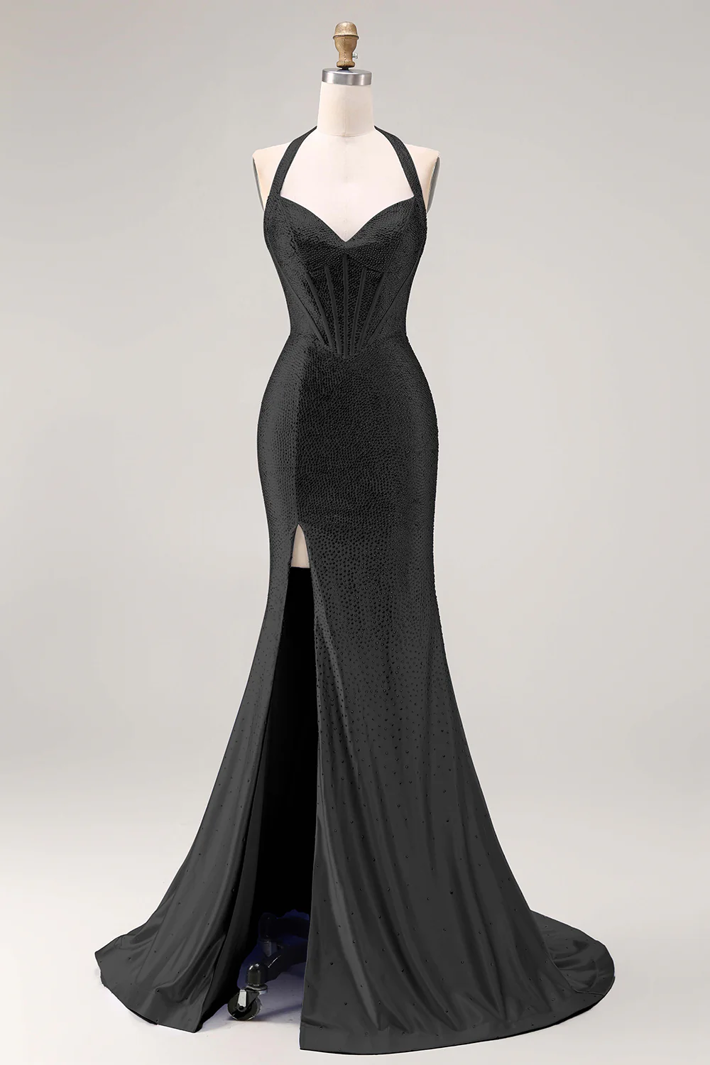 Light Blue Mermaid Halter Beaded Corset Long Prom Dress with Slit - Image 7