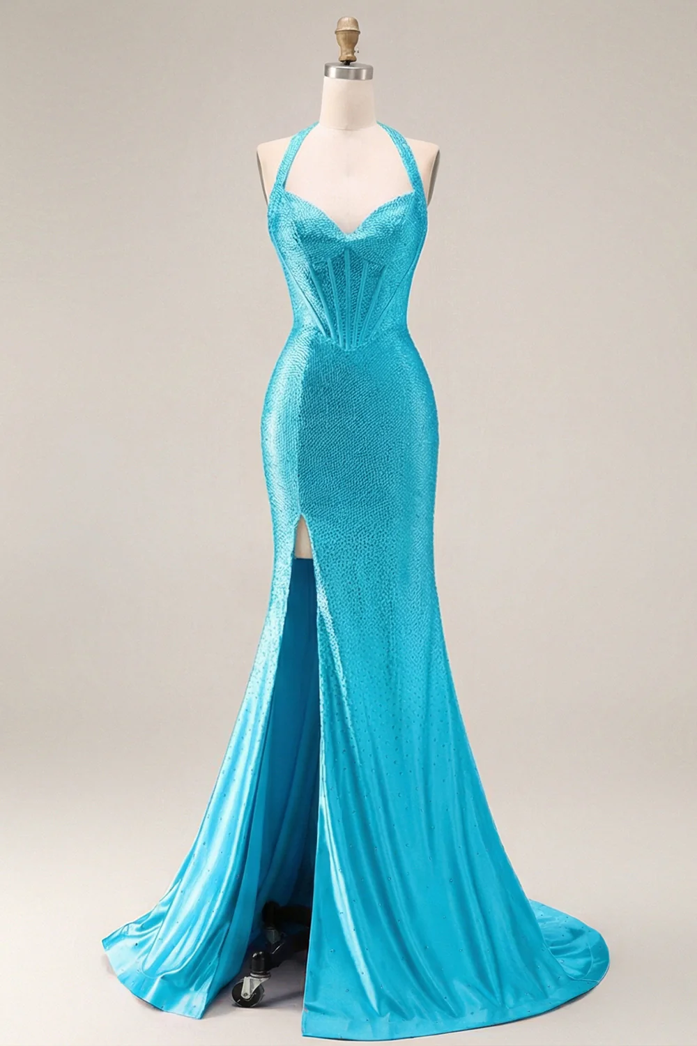 Light Blue Mermaid Halter Beaded Corset Long Prom Dress with Slit - Image 8