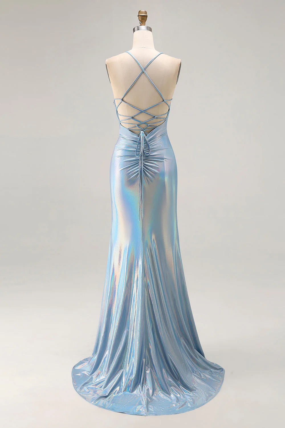 Light Blue Metallic Ruched Mermaid Lace Up Back Long Prom Dress With Slit - Image 2