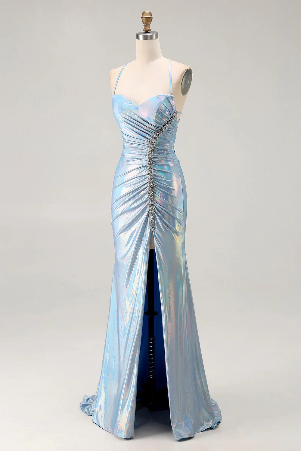 Light Blue Metallic Ruched Mermaid Lace Up Back Long Prom Dress With Slit - Image 3