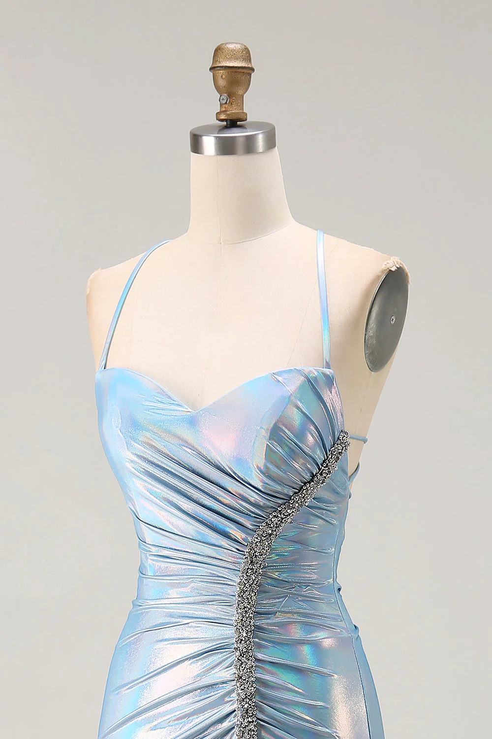 Light Blue Metallic Ruched Mermaid Lace Up Back Long Prom Dress With Slit - Image 5