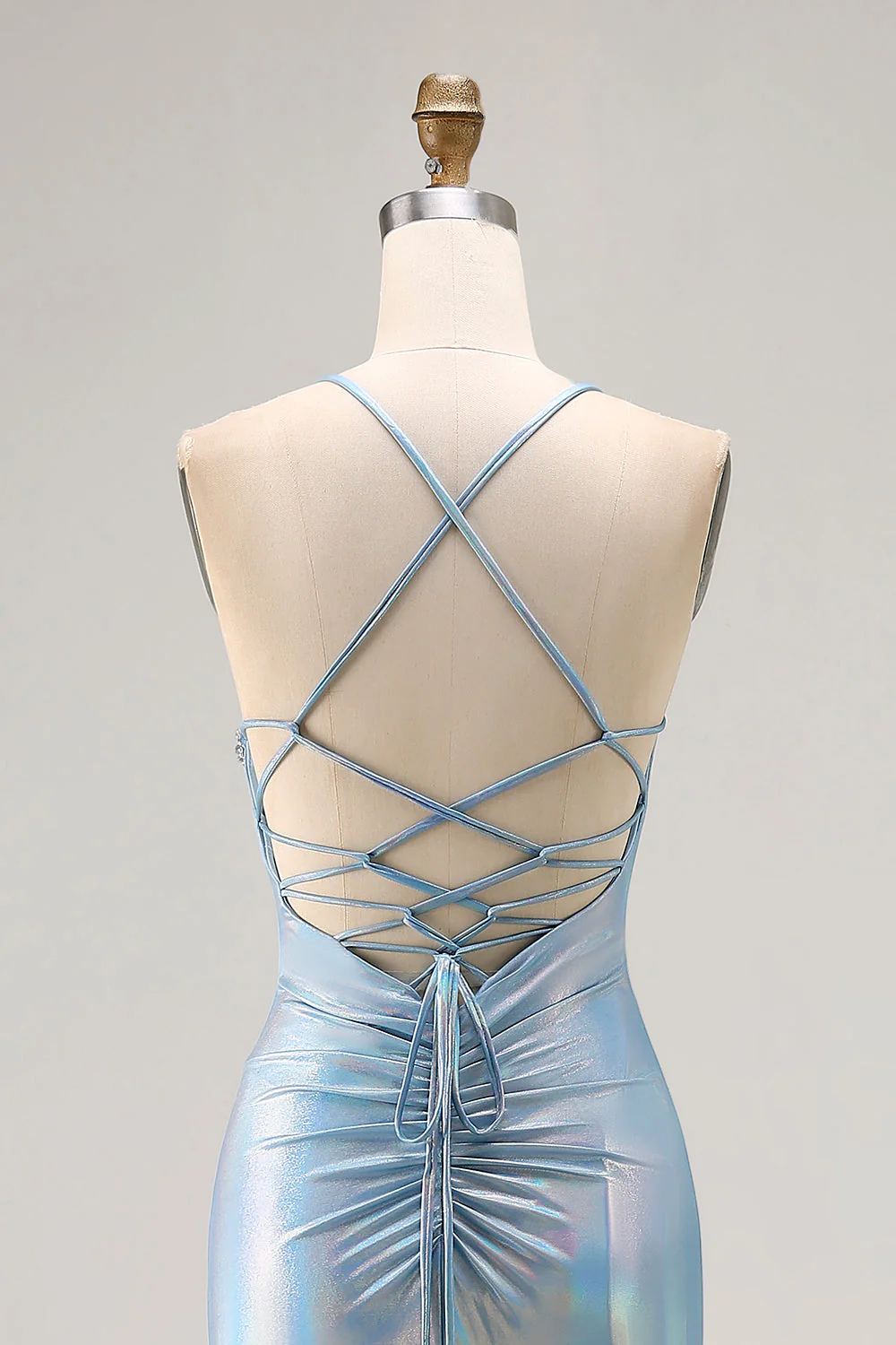 Light Blue Metallic Ruched Mermaid Lace Up Back Long Prom Dress With Slit - Image 6