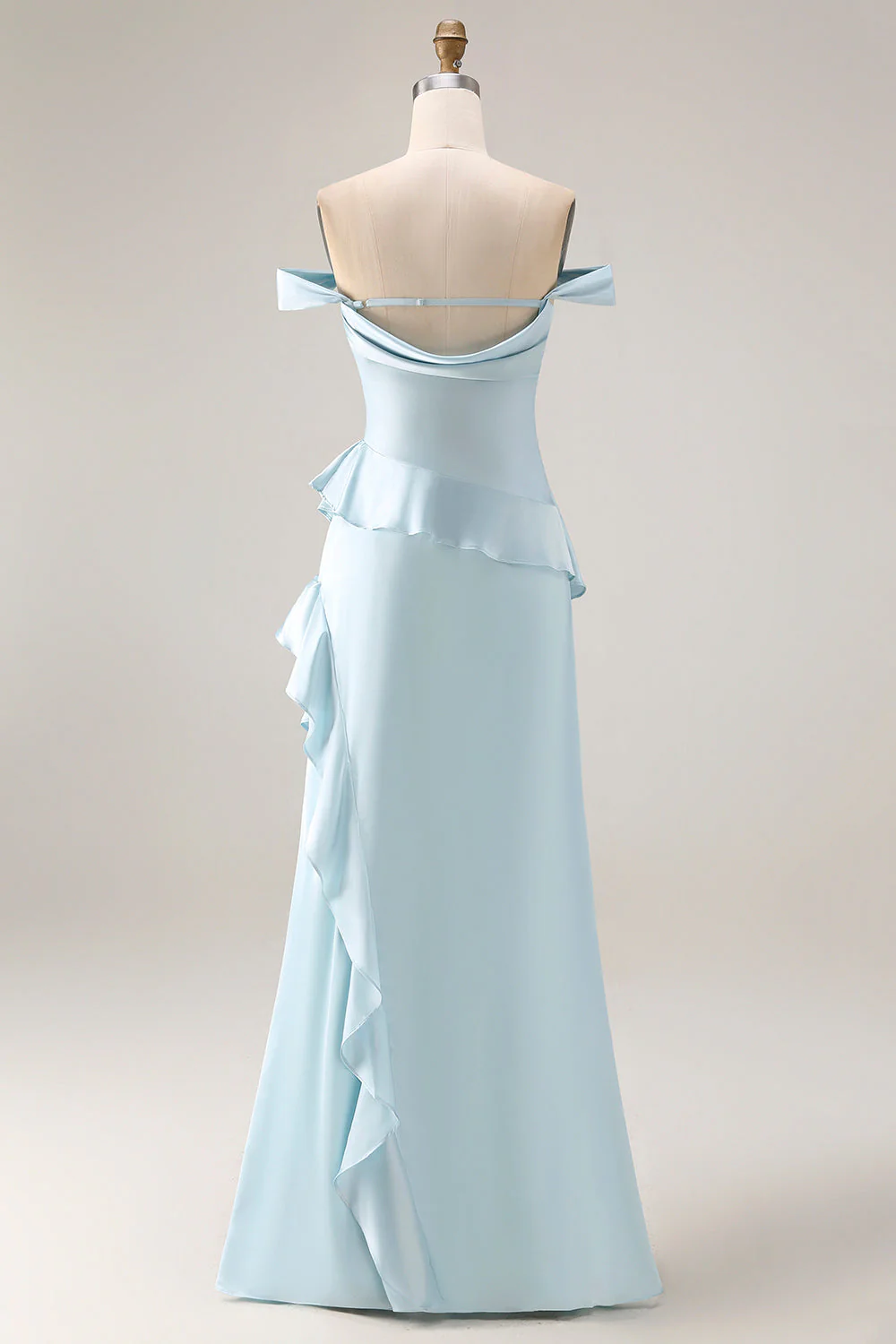 Light Blue Off The Shoulder Ruffled Mermaid Satin Long Bridesmaid Dress with Slit - Image 2