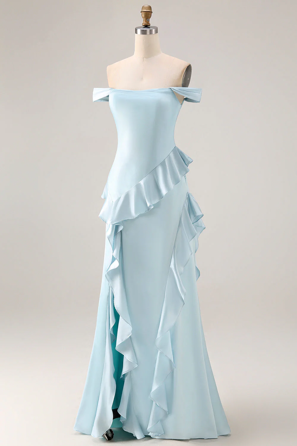Light Blue Off The Shoulder Ruffled Mermaid Satin Long Bridesmaid Dress with Slit - Image 3