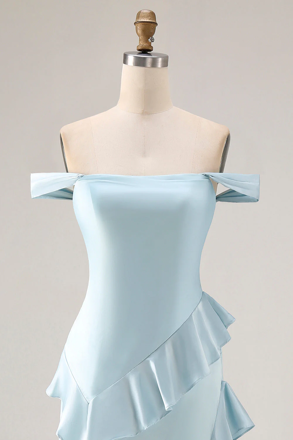 Light Blue Off The Shoulder Ruffled Mermaid Satin Long Bridesmaid Dress with Slit - Image 4