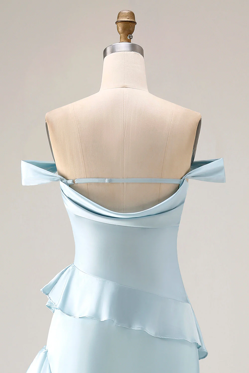 Light Blue Off The Shoulder Ruffled Mermaid Satin Long Bridesmaid Dress with Slit - Image 5