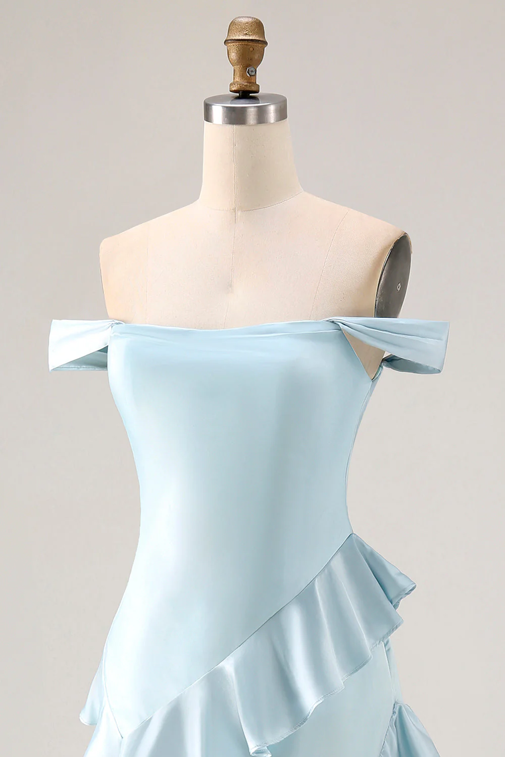 Light Blue Off The Shoulder Ruffled Mermaid Satin Long Bridesmaid Dress with Slit - Image 6