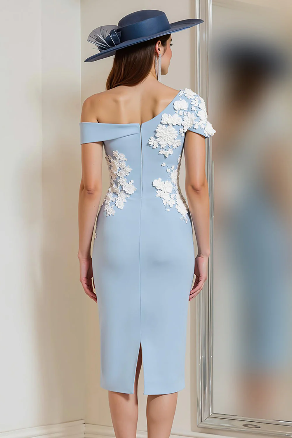 Light Blue One Shoulder Appliqued Sheath Mother Of The Bride Dress - Image 2