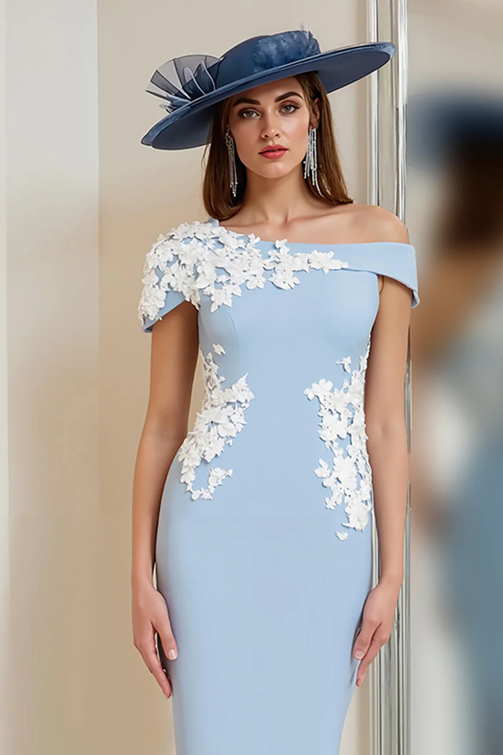 Light Blue One Shoulder Appliqued Sheath Mother Of The Bride Dress - Image 3