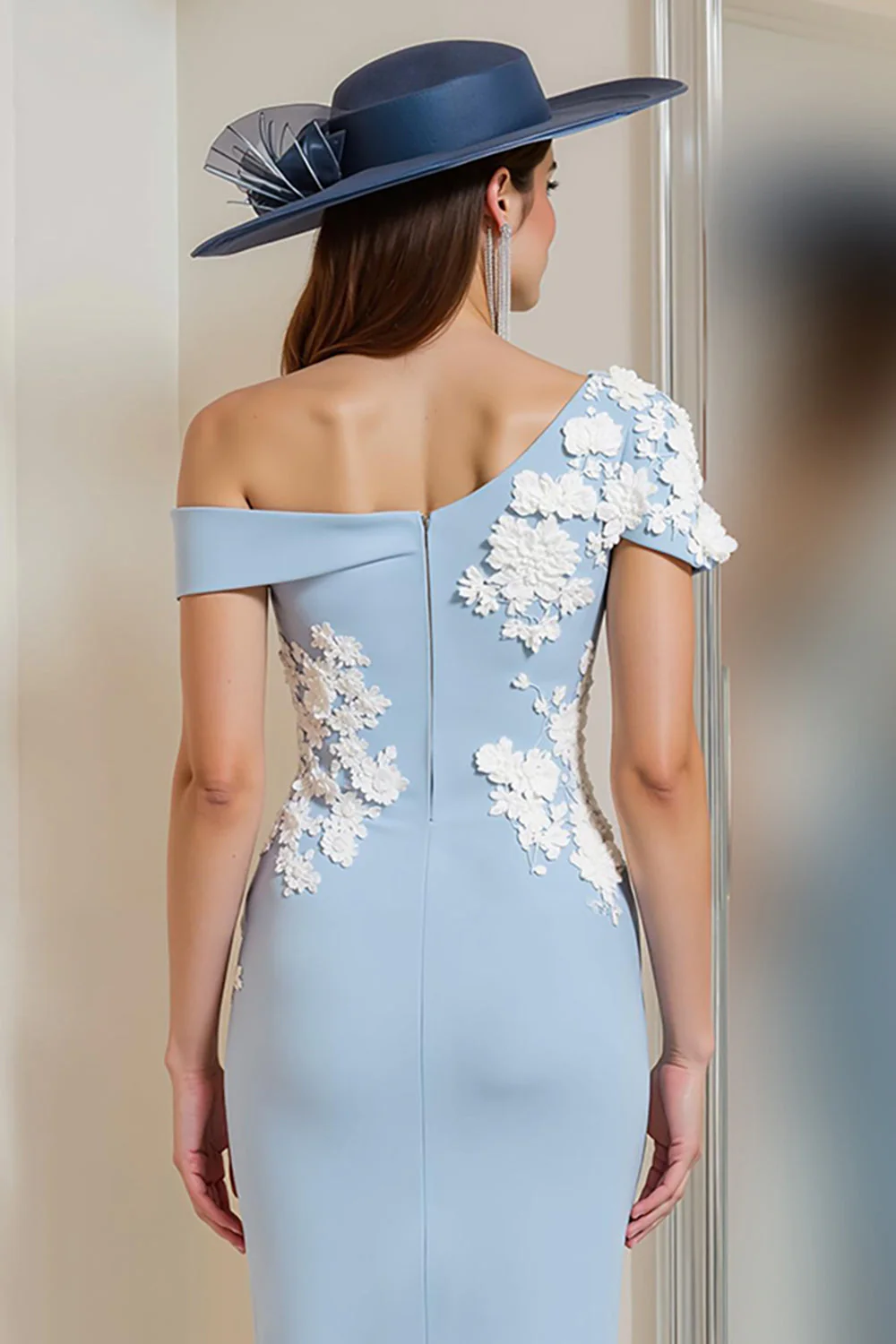 Light Blue One Shoulder Appliqued Sheath Mother Of The Bride Dress - Image 4