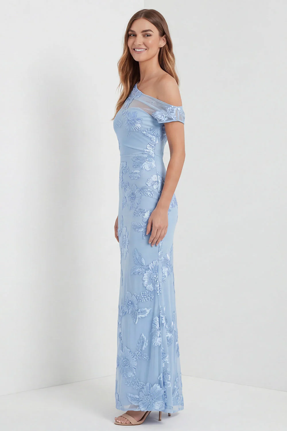 Light Blue One Shoulder Sheath Embroidered Maxi Dress with Slit - Image 2