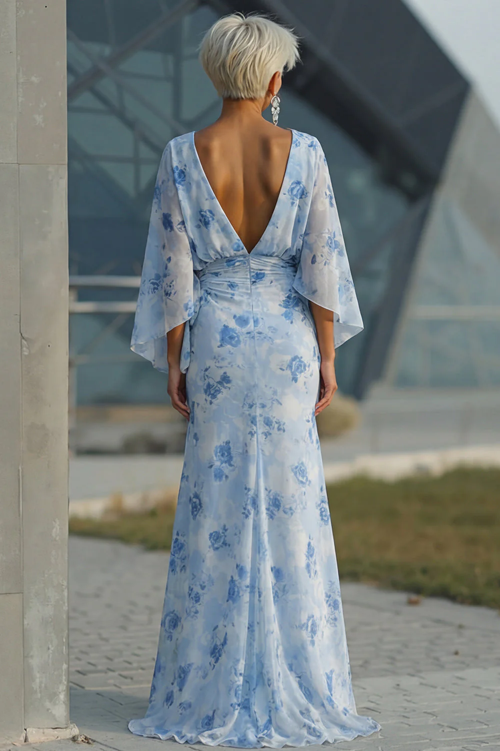 Light Blue Sheath Open Back Mother of the Bride Dress with Flared Sleeves - Image 2