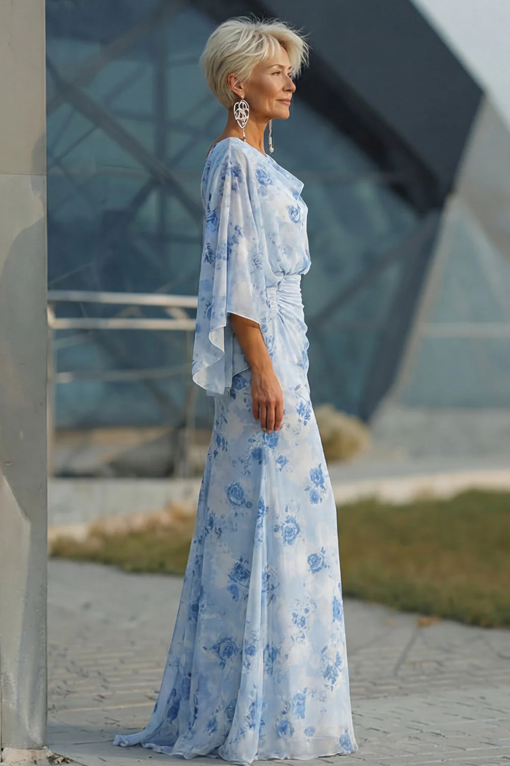 Light Blue Sheath Open Back Mother of the Bride Dress with Flared Sleeves - Image 3