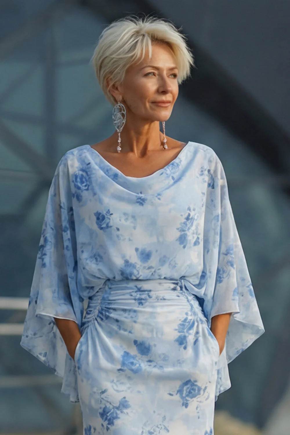 Light Blue Sheath Open Back Mother of the Bride Dress with Flared Sleeves - Image 4