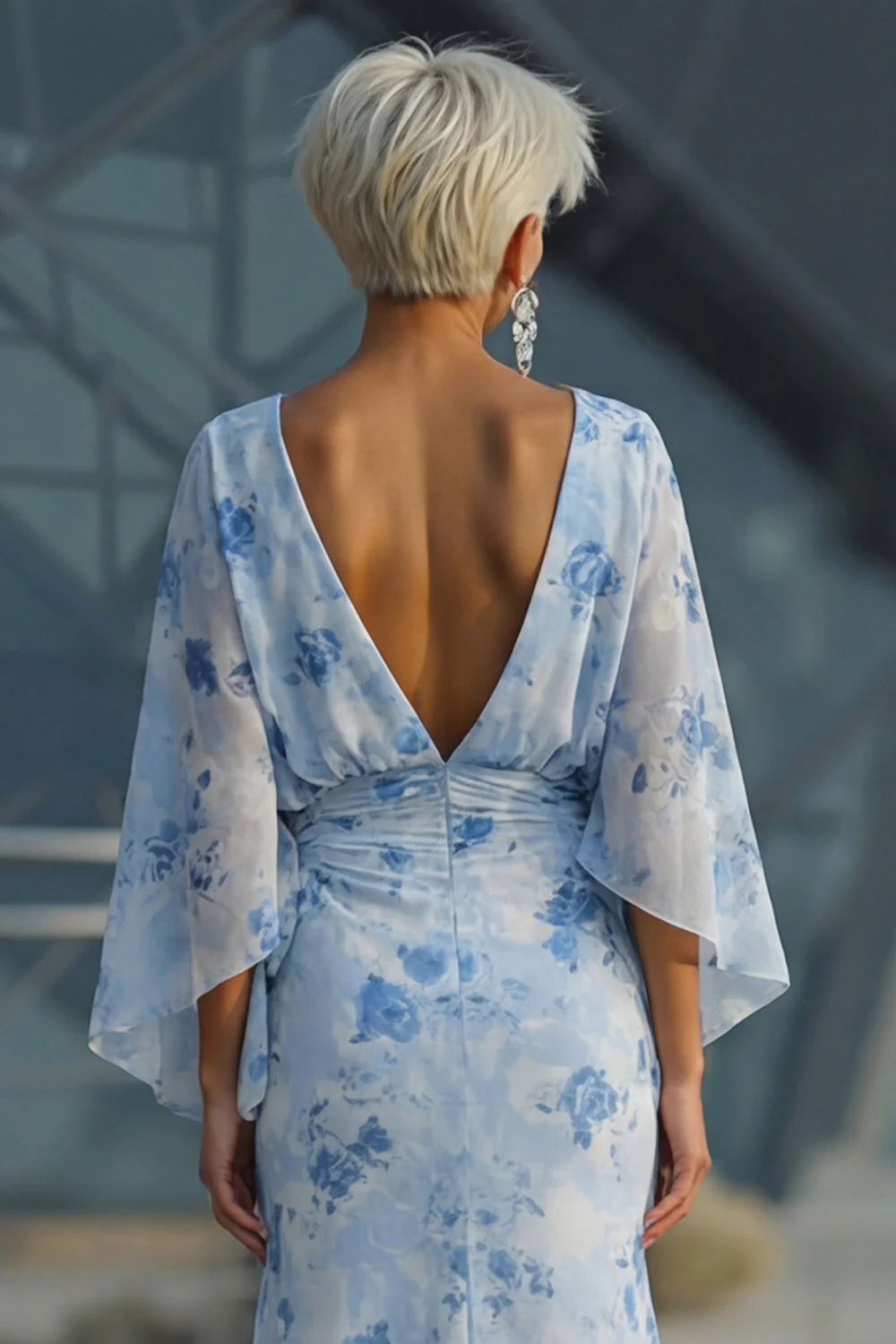 Light Blue Sheath Open Back Mother of the Bride Dress with Flared Sleeves - Image 6