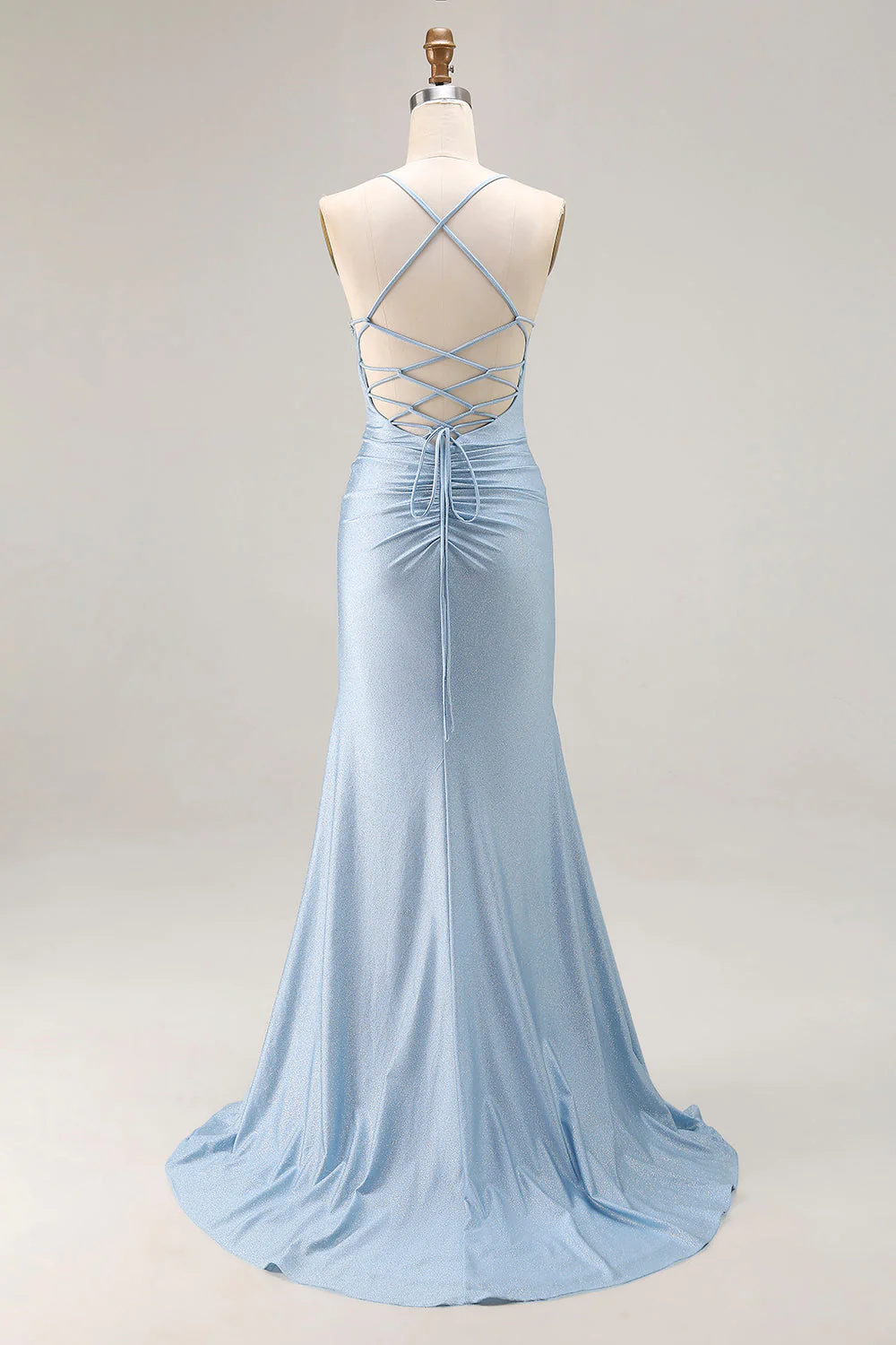 Light Blue Ruched Mermaid Lace Up Back Long Prom Dress With Slit - Image 2