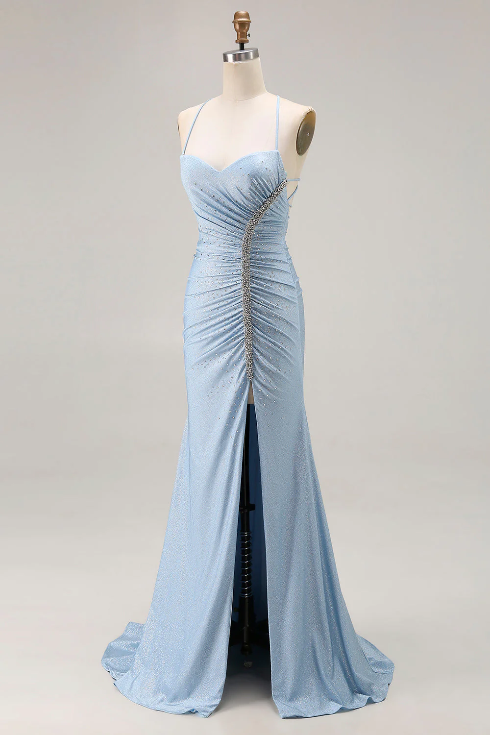 Light Blue Ruched Mermaid Lace Up Back Long Prom Dress With Slit - Image 3