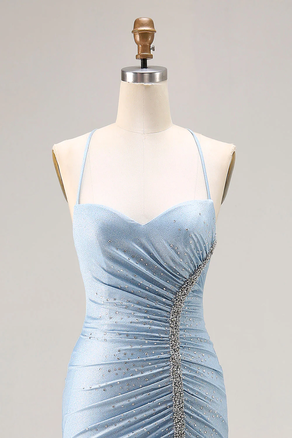Light Blue Ruched Mermaid Lace Up Back Long Prom Dress With Slit - Image 4