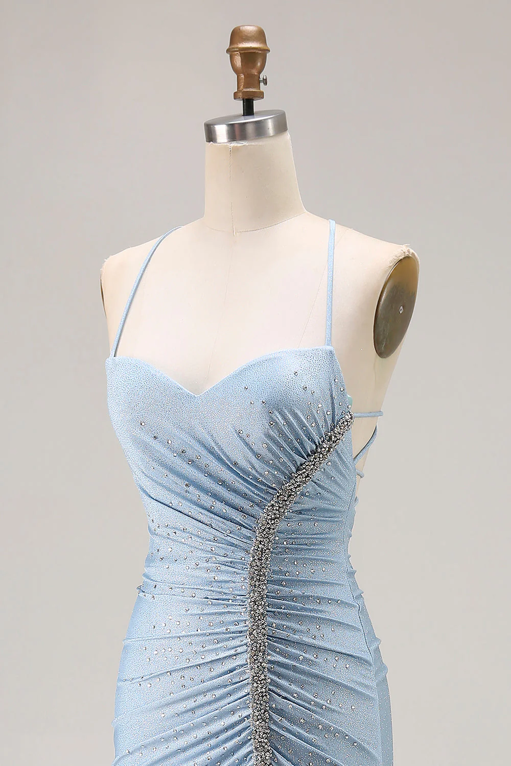 Light Blue Ruched Mermaid Lace Up Back Long Prom Dress With Slit - Image 5