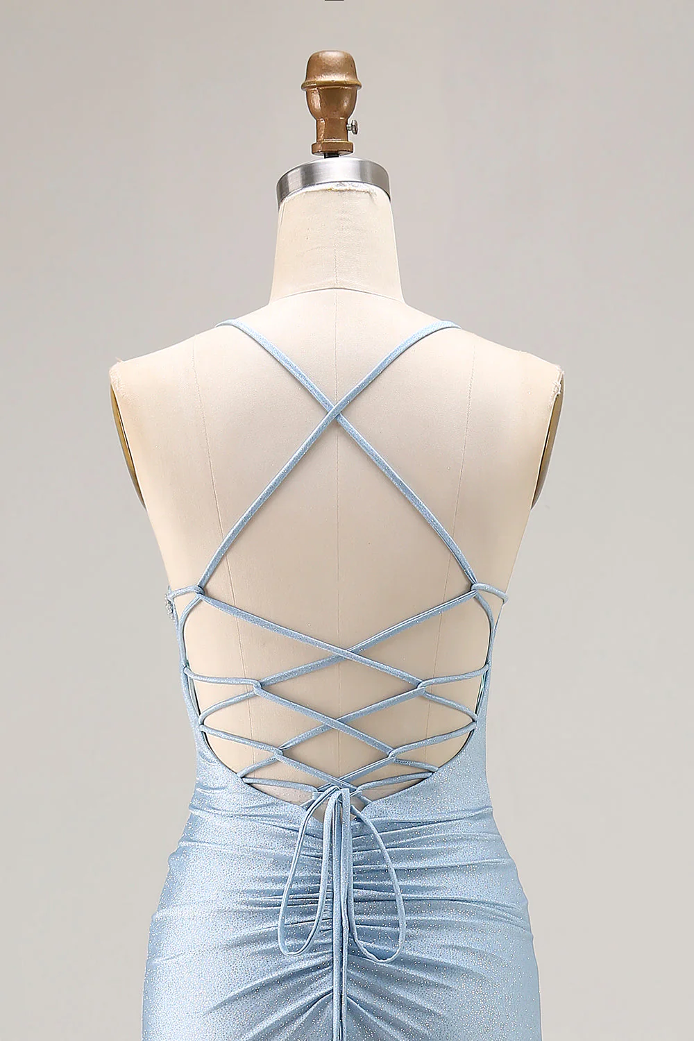 Light Blue Ruched Mermaid Lace Up Back Long Prom Dress With Slit - Image 6