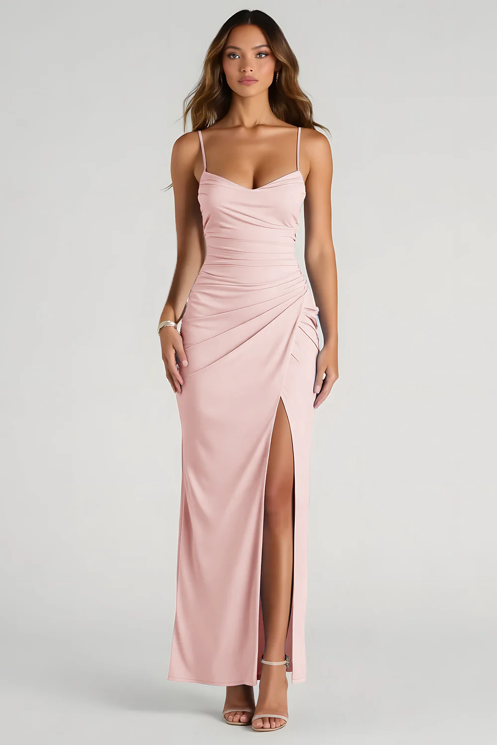 Light Blue Spaghetti Straps Sheath Ruched Long Bridesmaid Dress - Image 10