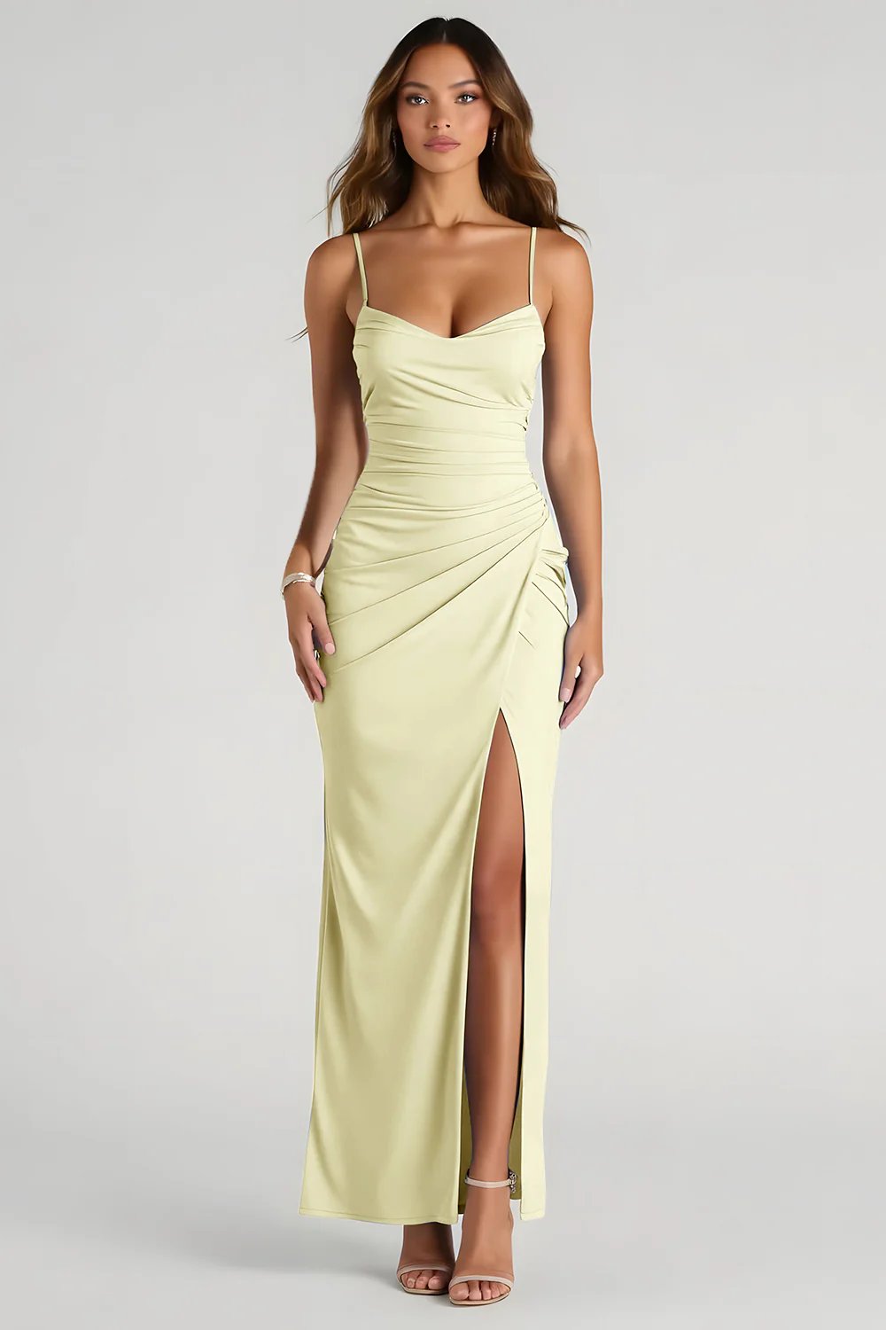 Light Blue Spaghetti Straps Sheath Ruched Long Bridesmaid Dress - Image 11