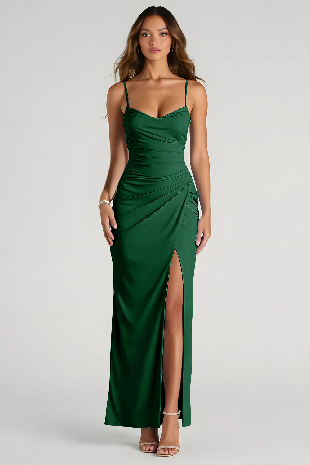 Light Blue Spaghetti Straps Sheath Ruched Long Bridesmaid Dress - Image 12