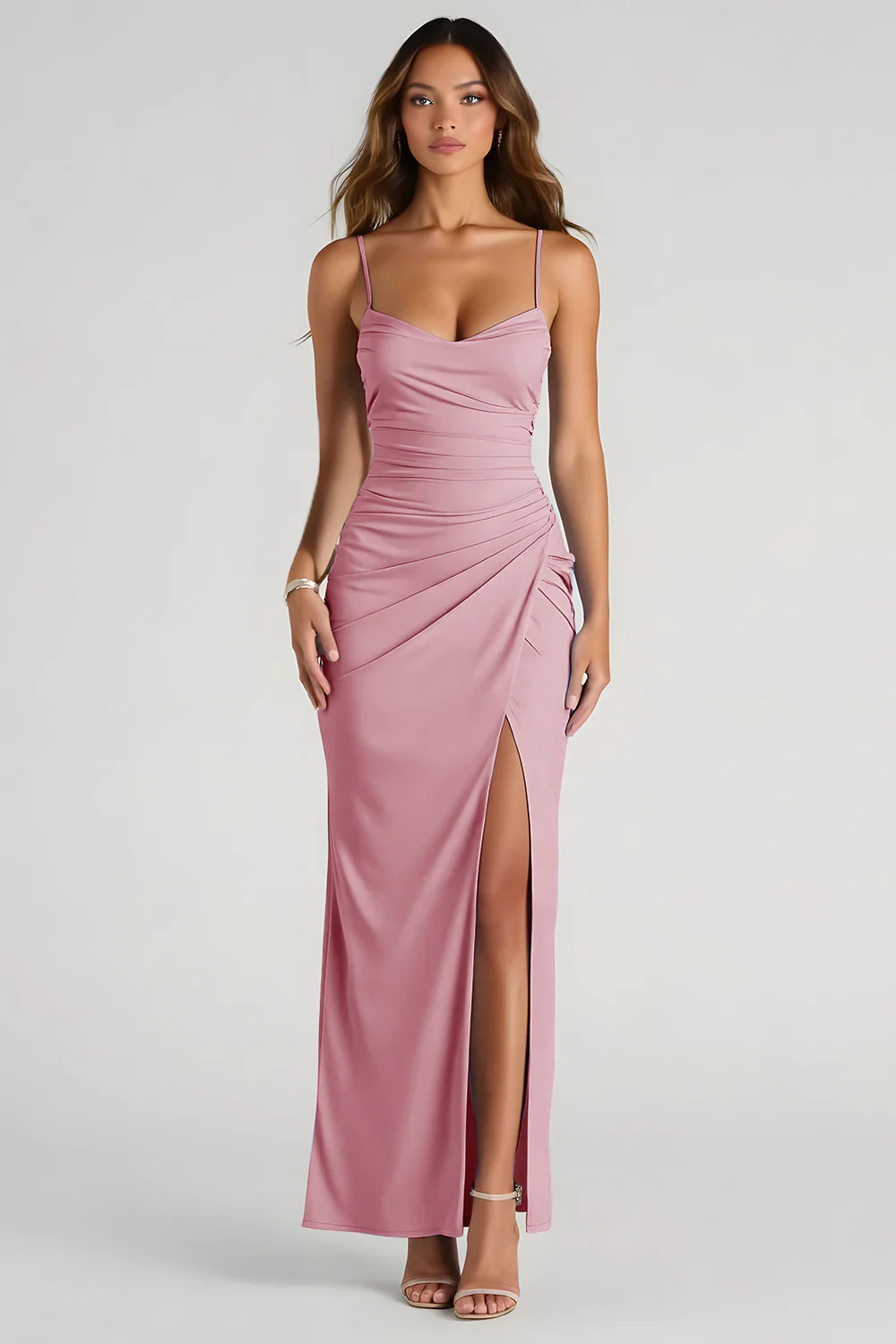 Light Blue Spaghetti Straps Sheath Ruched Long Bridesmaid Dress - Image 14