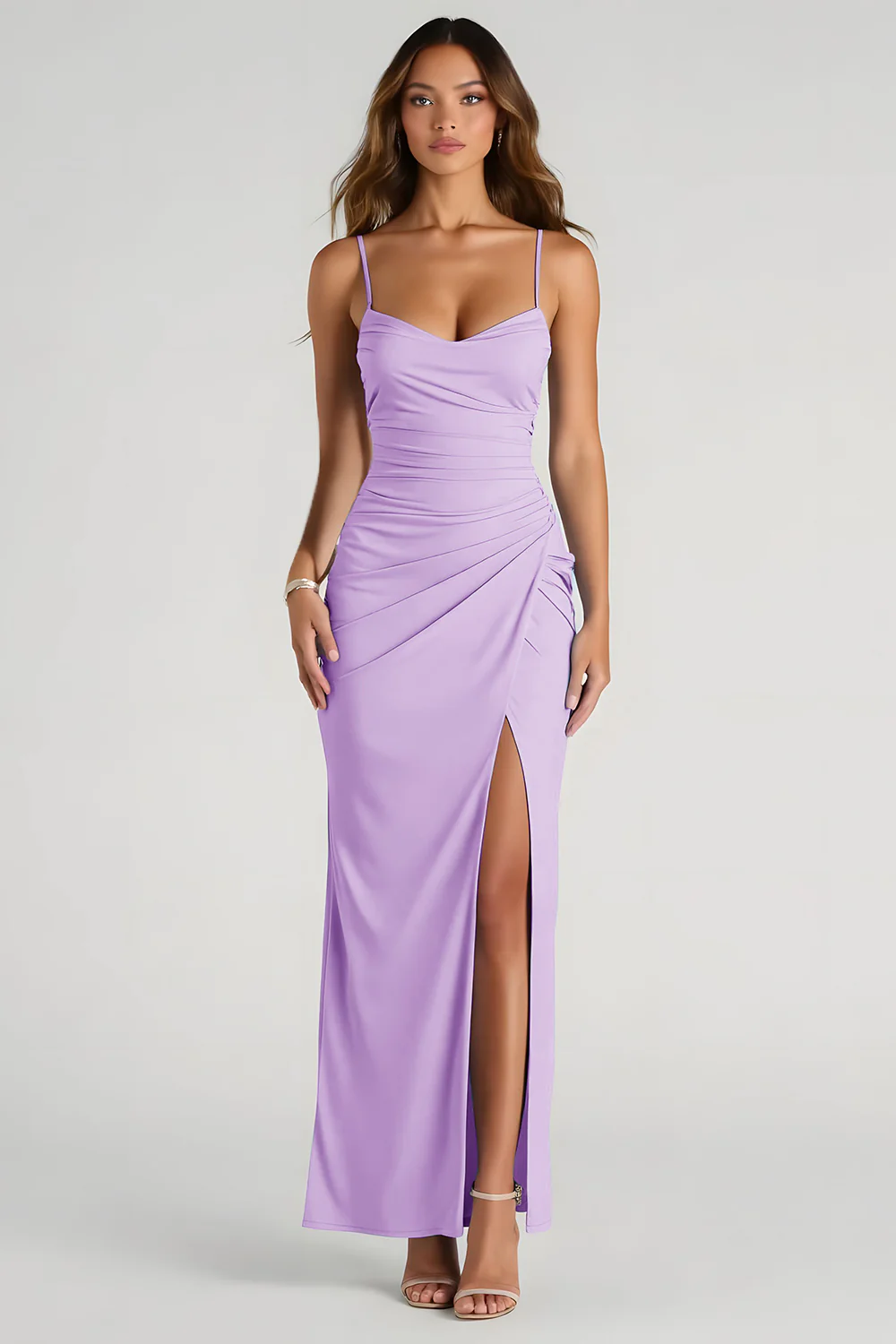 Light Blue Spaghetti Straps Sheath Ruched Long Bridesmaid Dress - Image 15