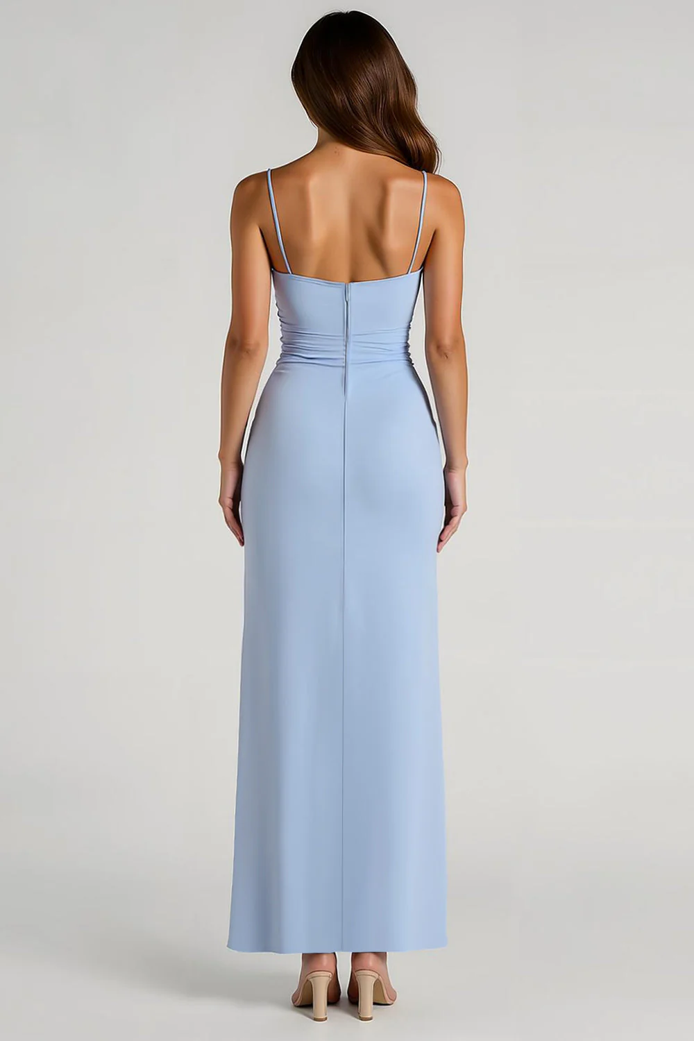 Light Blue Spaghetti Straps Sheath Ruched Long Bridesmaid Dress - Image 2
