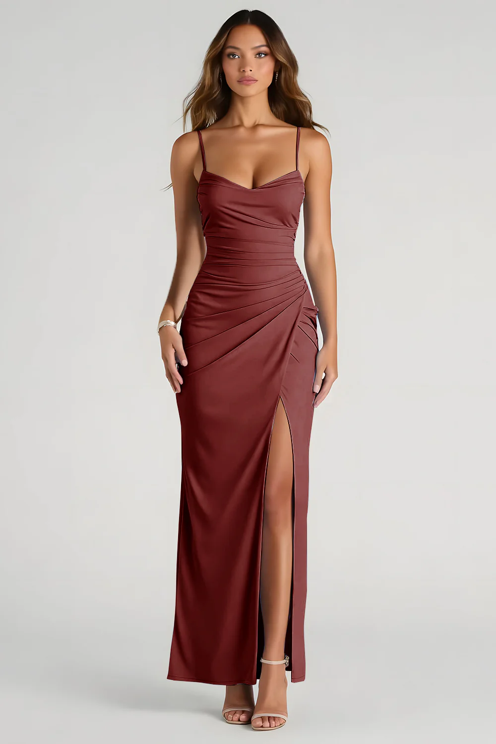 Light Blue Spaghetti Straps Sheath Ruched Long Bridesmaid Dress - Image 5