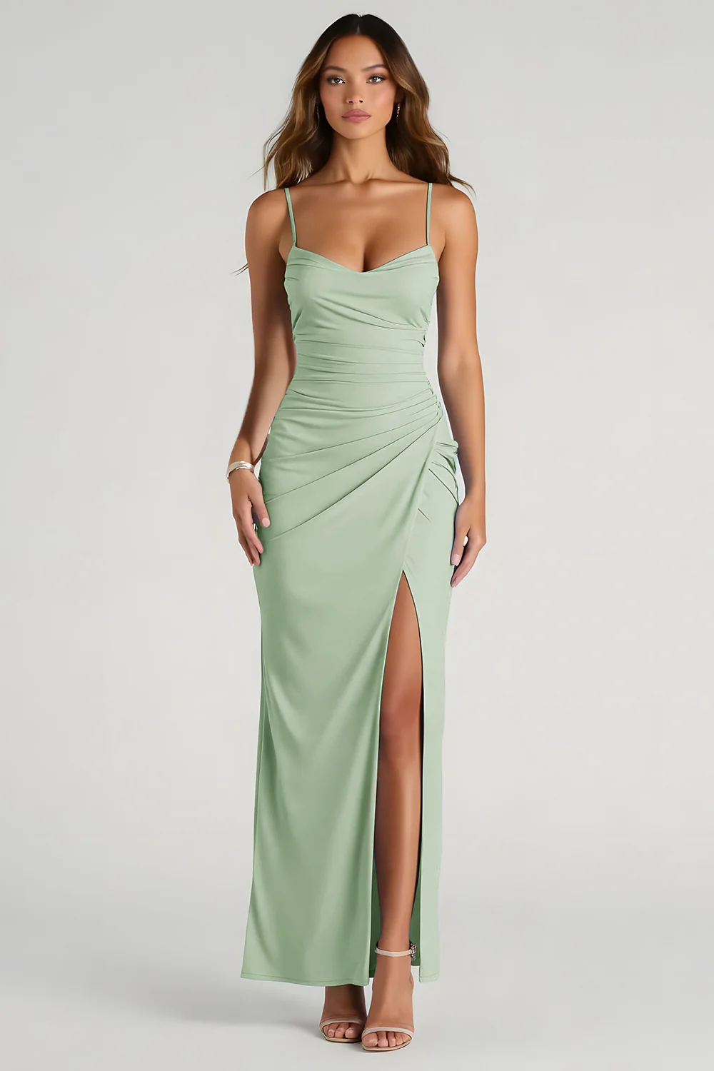 Light Blue Spaghetti Straps Sheath Ruched Long Bridesmaid Dress - Image 6