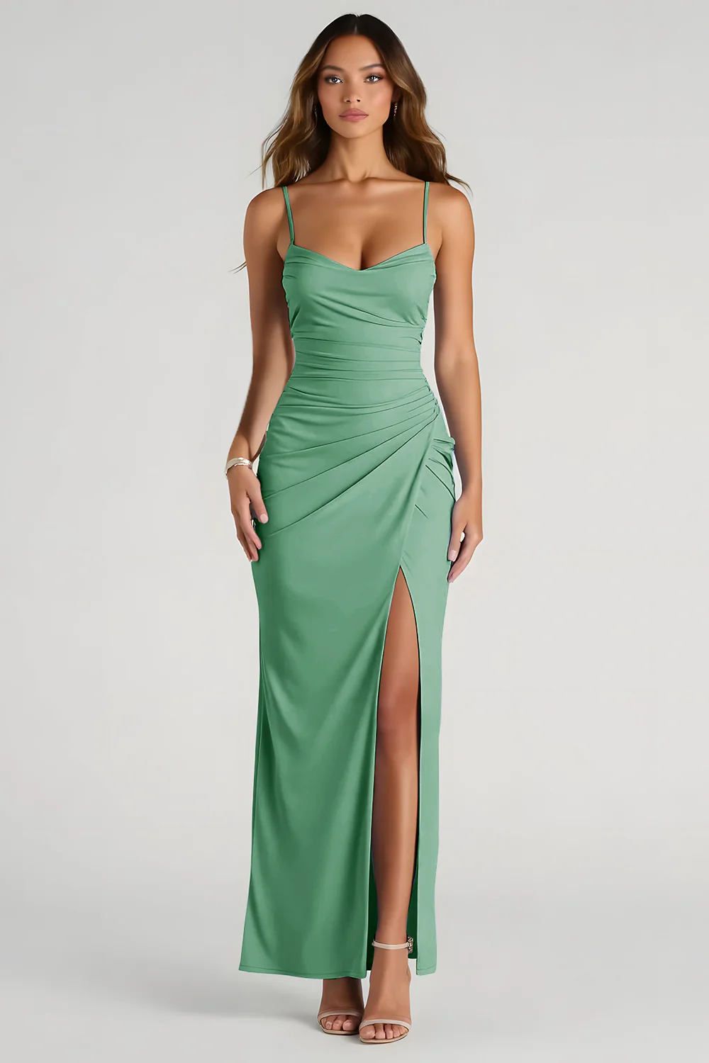Light Blue Spaghetti Straps Sheath Ruched Long Bridesmaid Dress - Image 7