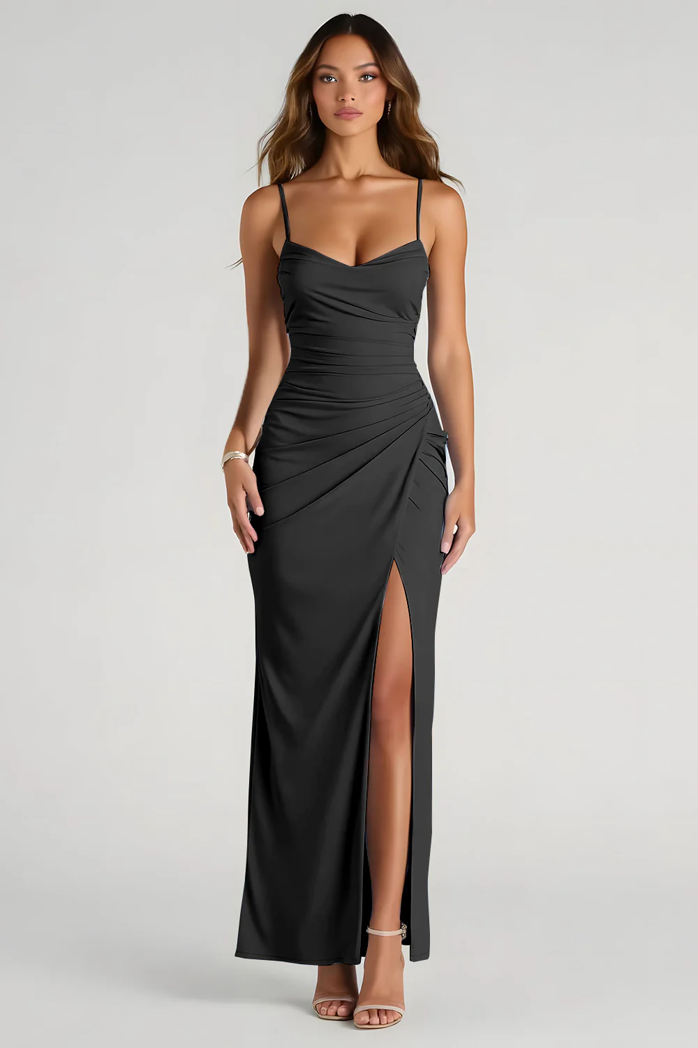 Light Blue Spaghetti Straps Sheath Ruched Long Bridesmaid Dress - Image 8