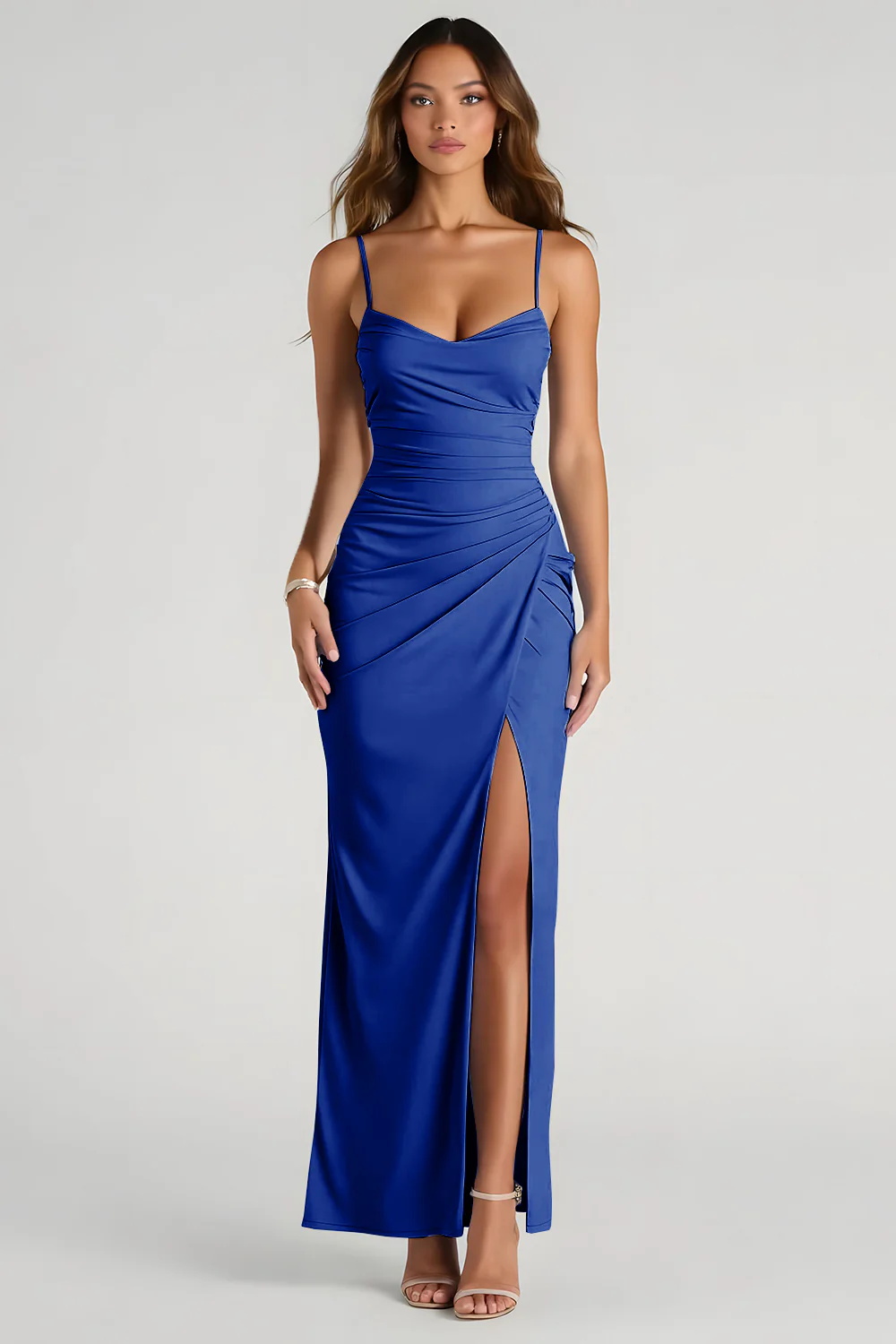 Light Blue Spaghetti Straps Sheath Ruched Long Bridesmaid Dress - Image 9